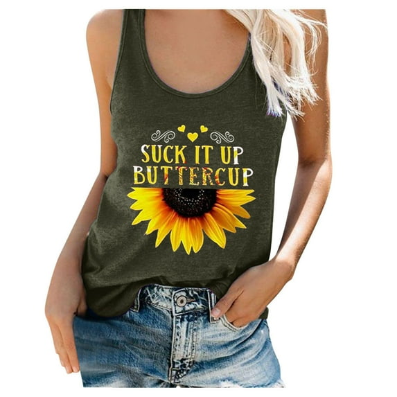 Uooqdmx Tank Tops for Women 2024 Going Out Tops Round Tank Sleeveless Print Neck Sunflower Summer Plus Size T-shirt Top Tanks & Camis Sleeveless Tops for Women Army Green L