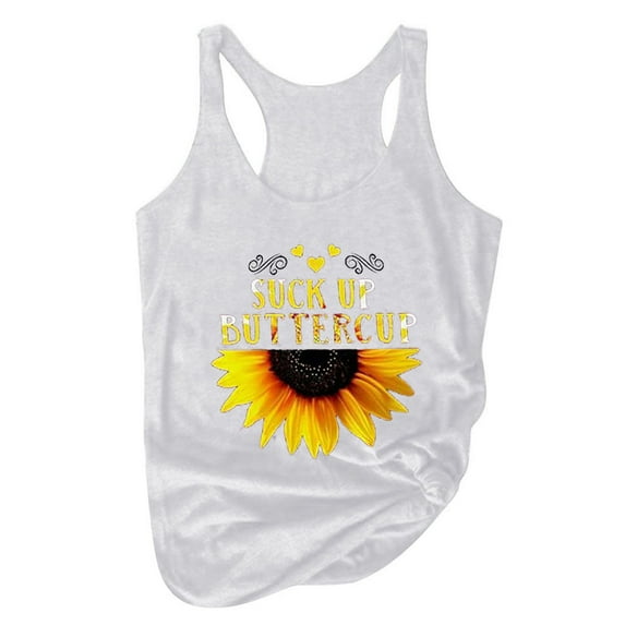 Uooqdmx Tank Tops for Women 2024 Going Out Tops Round Tank Sleeveless Print Neck Sunflower Summer Plus Size T-shirt Top Tanks & Camis Sleeveless Tops for Women White 3XL