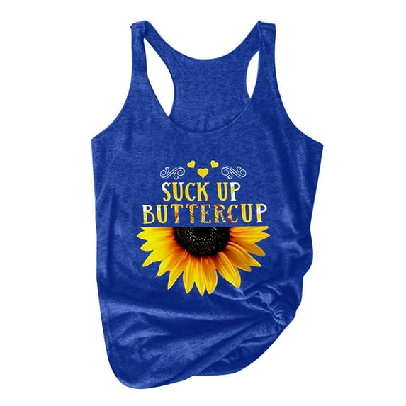 Uooqdmx Tank Tops for Women 2024 Going Out Tops Round Tank Sleeveless Print Neck Sunflower Summer Plus Size T-shirt Top Tanks & Camis Sleeveless Tops for Women Blue M