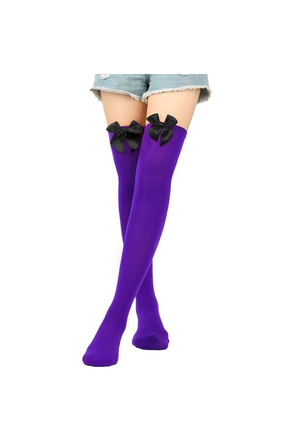 Thigh High Socks, Bow Stockings for Women, Cotton Socks for Women, Boot Stockings for Women, Cute Socks, Purple 2 One Size