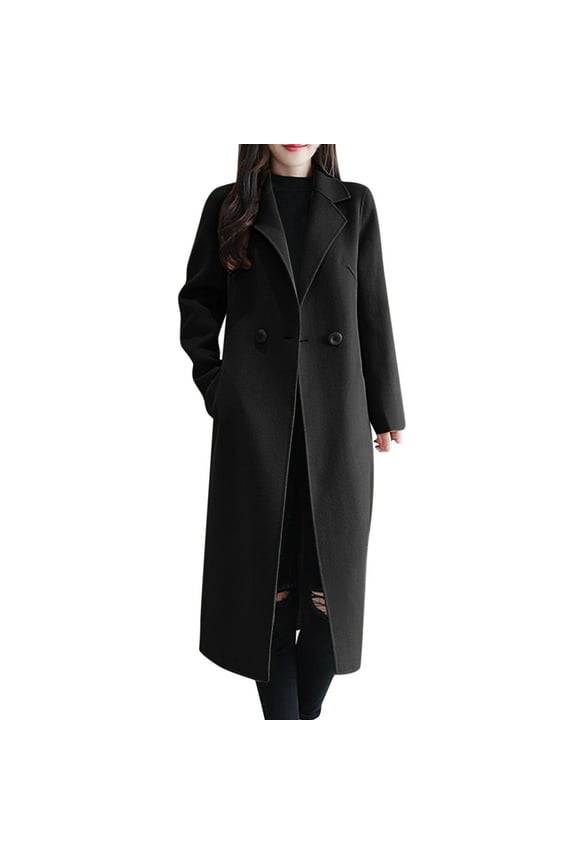 Trench Coat Women Peacoat Womens Coat V Neck Faux Wool Blends Thin Jacket Coat Slim Fit Warm Solid Long Overcoat with Pockets Fall Jackets for Women 2024 Black L