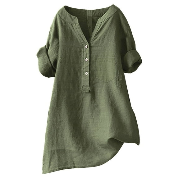 Uooqdmx Tunics or Tops to Wear with Leggings, Linen Button Down Shirt Women, Long Shirts for Women, Loose Shirt Solid Color Casual Shirt, Gauze Tops for Women, Army Green M