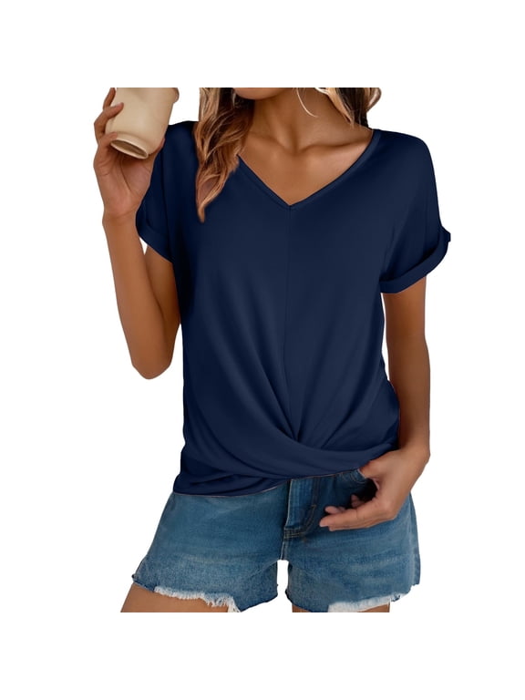 Twist Front Tops for Women, Front Knot Tops for Women, V Neck T Shirts for Women, Front Tie Tops for Women, Womens Shirts Dressy Casual, Blue 1 XL