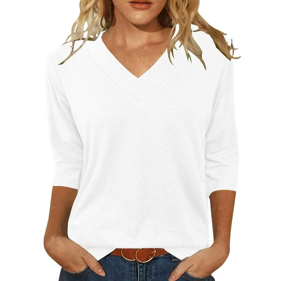 Uooqdmx V Neck T Shirts for Women, Basic Tees for Women, 3/4 Length Sleeve Womens Tops, Tunic Tops, Womens Summer Tops, White XL