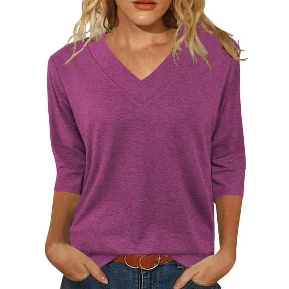 Uooqdmx V Neck T Shirts for Women, Basic Tees for Women, 3/4 Length Sleeve Womens Tops, Tunic Tops, Womens Summer Tops, Wine L
