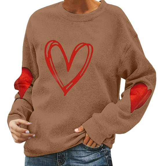 Uooqdmx Valentines Shirts for Women Long Sleeve Shirts for Women Heart Sweater for Women Long Sleeve Valentine's Day Love Print Casual T Shirt Top Valentines Day Gifts Brown 3XL