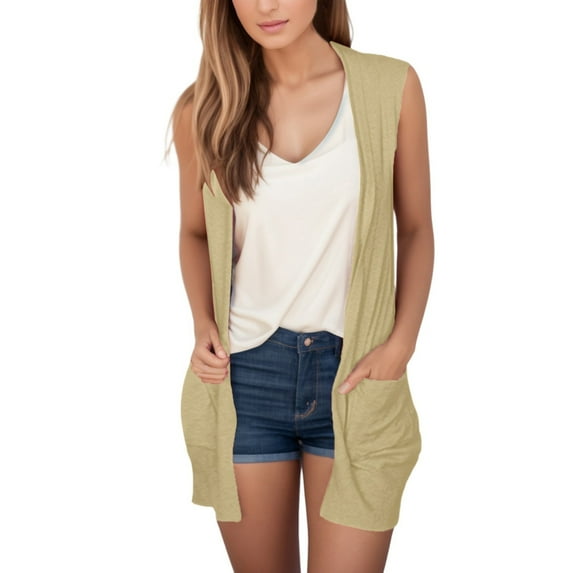 Uooqdmx Womens Cardigan Womens Vests Outerwear Casual Solid Print V Neck Coat Open Front Lightweight Cardigan Sleeveless Loose Outwear with Pockets Womens Vests Outerwear Beige XL