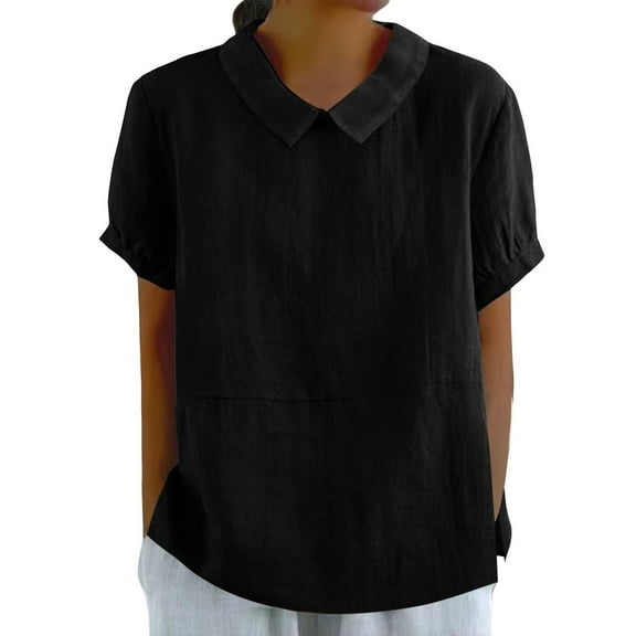 Uooqdmx Womens Tops Casual, Gauze Tops for Women, Womens T Shirts Loose Fit, Peter Pan Collar Shirt Women, Linen Shirts for Women, Black XXL