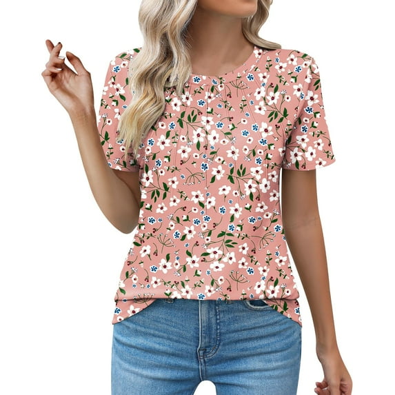 Clearance!Uooqdmx Womens Tops Comfort Colors Tshirt Casual Crew Neck Short Sleeve Pleated Tops Blouses Fashion Clothes 2024 Summer Tops for Women 2024 Pink M