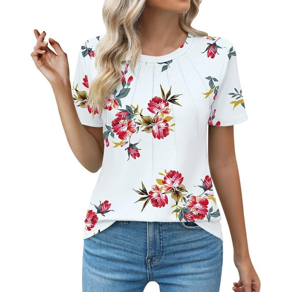 Uooqdmx Womens Tops Comfort Colors Tshirt Casual Crew Neck Short Sleeve Pleated Tops Blouses Fashion Clothes 2024 Summer Tops for Women 2024 White 2XL