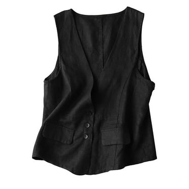 Clearance!Uooqdmx Womens Vests Outerwear Winter Coats for Women Sleeveless Vest Literary Retro Summer V Neck Casual Thin Vest Fleece Vest Women Black 2XL