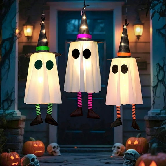 Clearance! Upgraded 3PCS Halloween Spooky Ghost Decorations Light-up Hanging Ghosts Ornaments Battery Operated Halloween Decor for Room Yard Patio Garden Tree 18"X6.5"