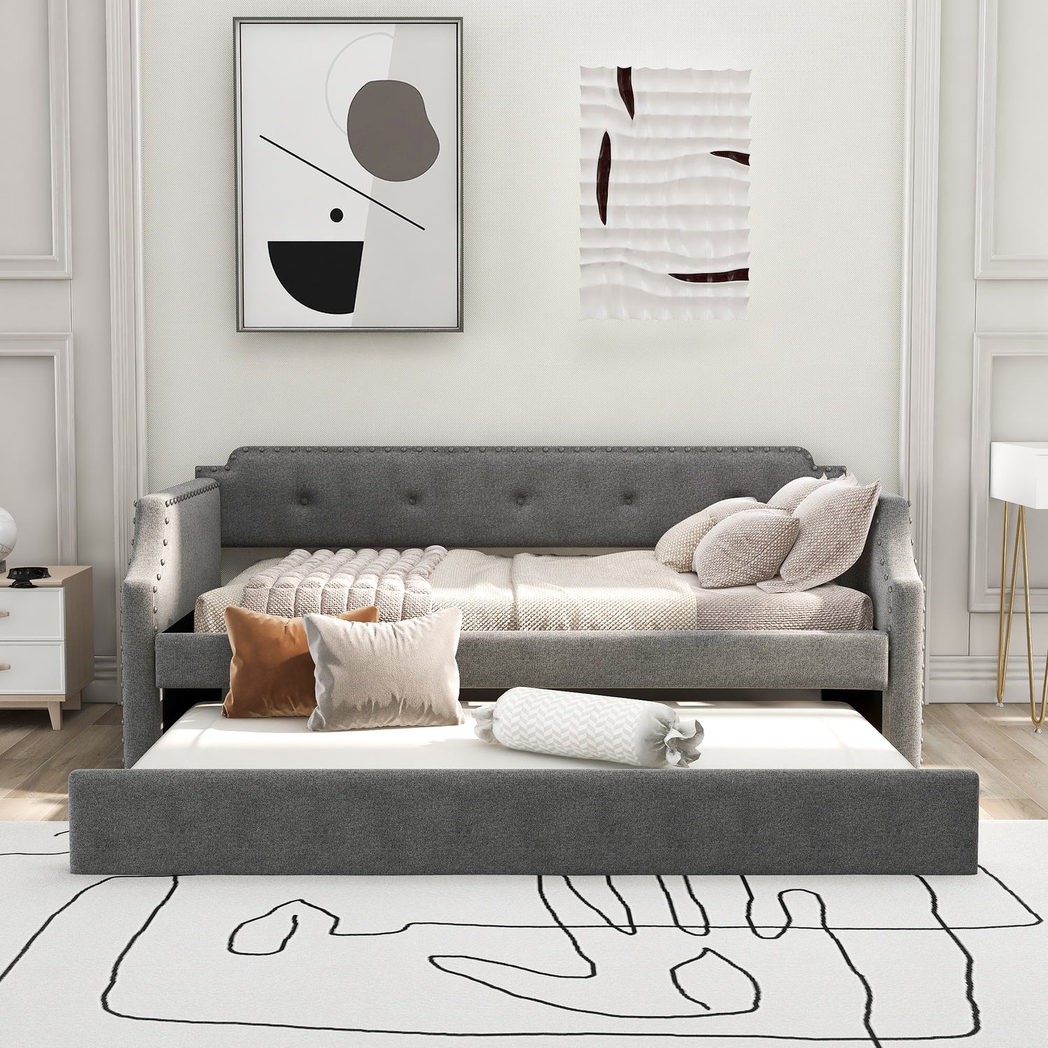 Clearance!Upholstered Daybed with Trundle for Bedroom, Living Room