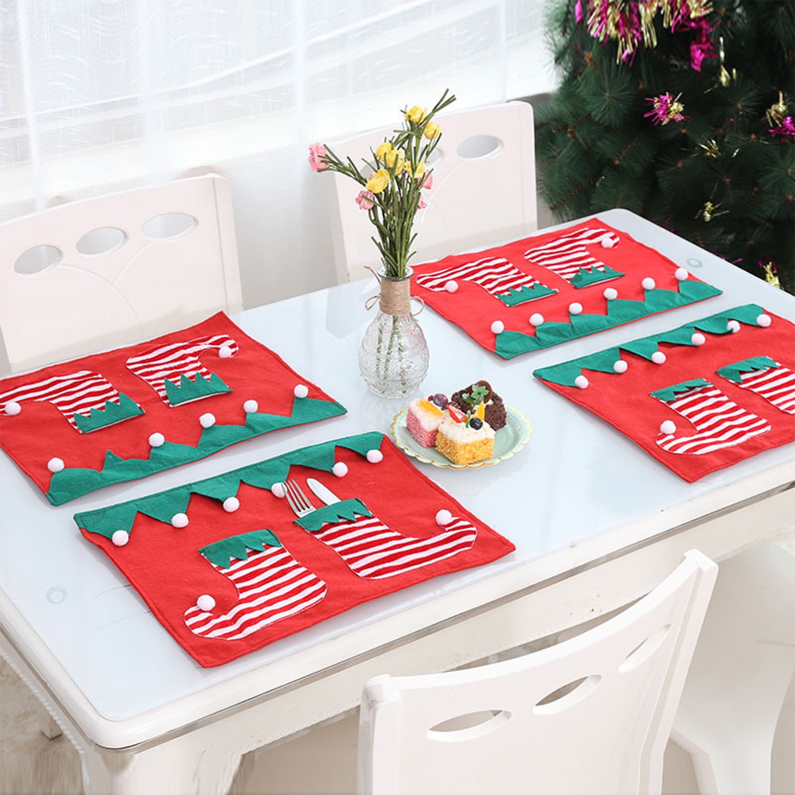 Clearance! Uscallm Santa Claus And Elfs Table Mats Knife And Fork Mats