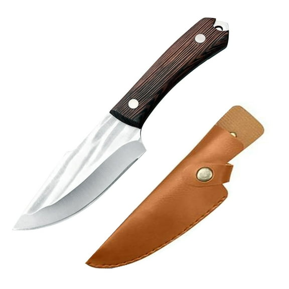 Clearance! Utility Fixed Blade Knife Full Tang Butcher Meat Knives With 10cm Steel Blade, Sandalwood Handle, Leather Sheath, Outdoor Camping Kitchen Knife