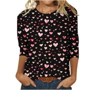 Clearance Valentine's Day 3/4 Sleeve Round Neck Shirts Women Casual Cute Heart Print Tee Plus Size Pullover Tops (2XL, B Black)