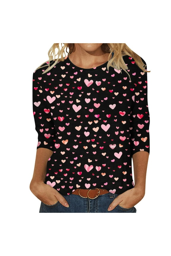 Valentine's Day 3/4 Sleeve Round Neck Shirts Women Casual Cute Heart Print Tee Plus Size Pullover Tops (S, B Black)