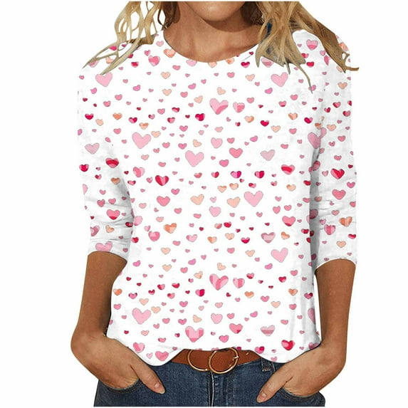 Clearance Valentine's Day 3/4 Sleeve Round Neck Shirts Women Casual Cute Heart Print Tee Plus Size Pullover Tops (S, B White)