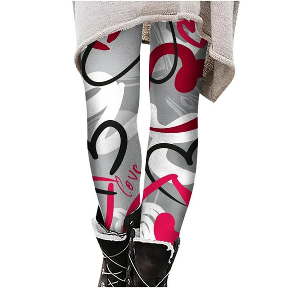 Clearance Valentine's Day Leggings for Women High Waist Love Heart Print Stretchy Yoga Workout Leggings Girl's Gifts Gray,XL
