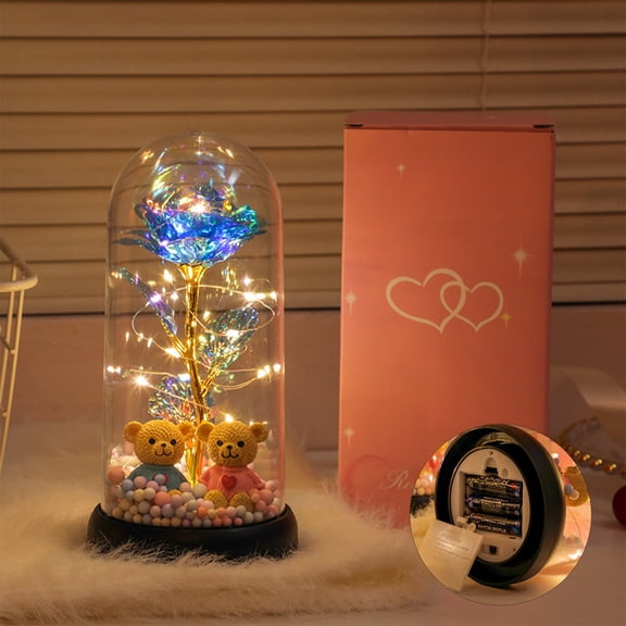 Clearance! Valentines Day Blue Rose Gifts for Her, Birthday Gifts for Women, Galaxy Crystal Colorful Light Up Rose with Bear in Glass Dome, Flowers for Valentines Gifts for Mom Wife Girlfriend