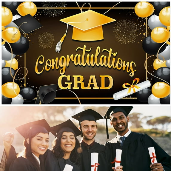 Hot Sale!Veeogra Graduation Banner,Graduation Party Favors,EXtraLarge Congrats Grad Banner 180x110 Cm,Graduation Party Decorations Black And Gold,Congratulations Decorations,Classroom Decor