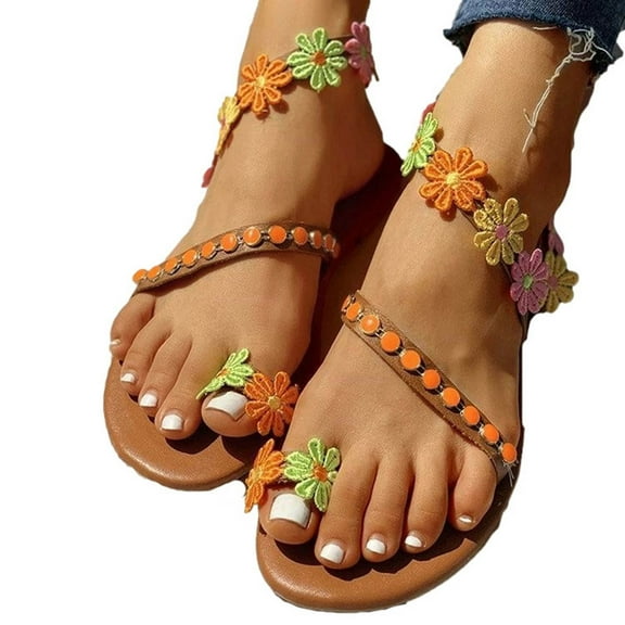 VerPetridure Women's Casual Flower Sandals Summer Casual Slip-on Roman Flat Sandals