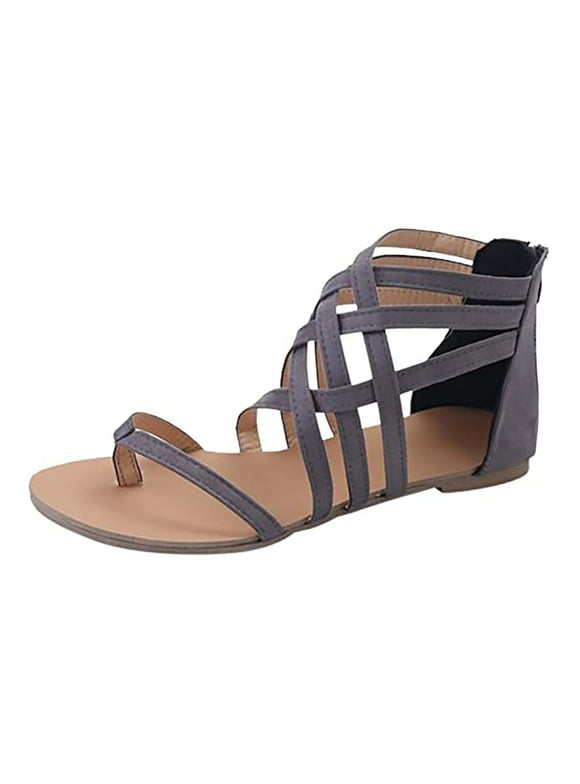 Clearance VerPetridure Women's Gladiator Sandals Summer Flat Thong Cross Strappy Sandals Trendy Roman Shoes with Zipper