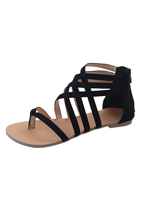 Women's Gladiator Sandals Summer Flat Thong Cross Strappy Sandals Trendy Roman Shoes with Zipper