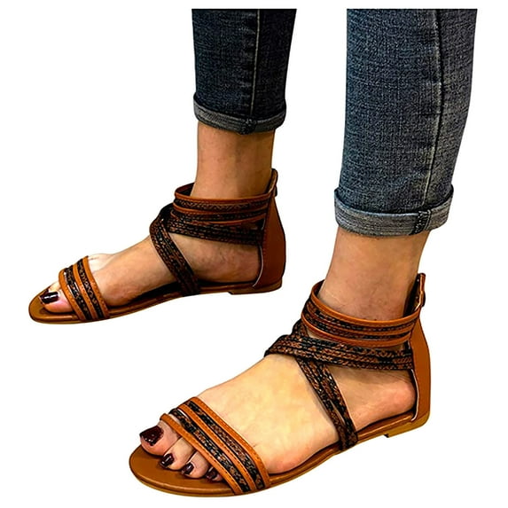 VerPetridure Women's Sandals Summer Casual Flat Korean Bohemian Round Toe Shoe With Roman Zipper