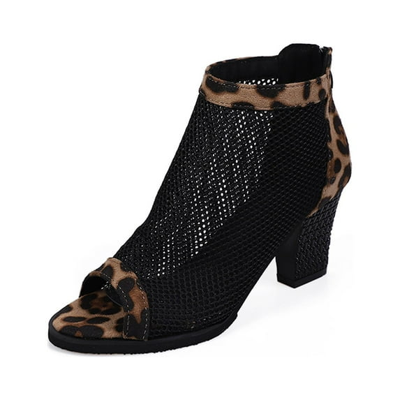 VerPetridure Women's Sandals Summer Casual Mid-Cut Block Heel Zipper Black Leopard Mesh High-heeled Sandals