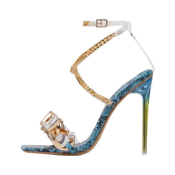 Clearance VerPetridure Women's Sandals Summer Casual Sexy Snake Print Open Toe Rhinestone Metal Chain Buckle Square Toe High Heel Sandals