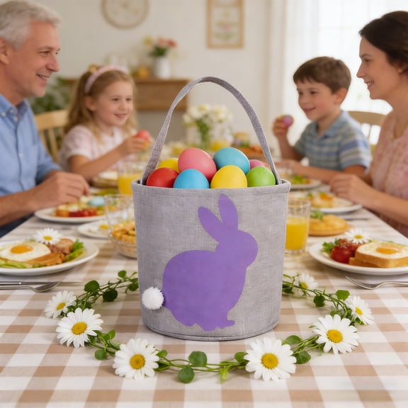 Clearance Vggrvlo Easter Bunny Basket Egg Buckets Cute Personalized Canvas Cotton Tote Bags Egg Hunt Basket for Easter Party Gifts Easter Decorations Purple