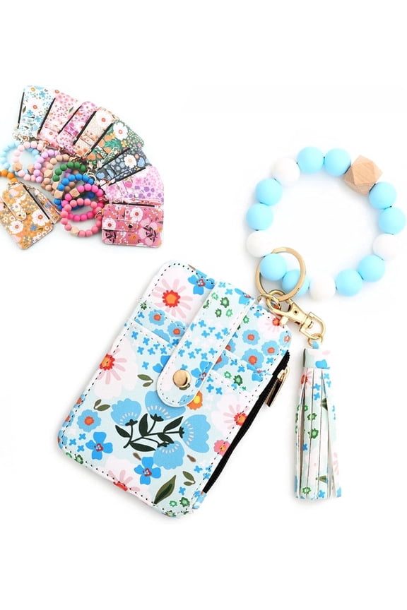 Clearance! Vggrvlo Women's Boho Beaded Wallet with Flower Pattern Women Boho Style Beaded & Tassel Decorated Keychain Credit Card Holder Purse Mother's Day Gifts (Light Blue)