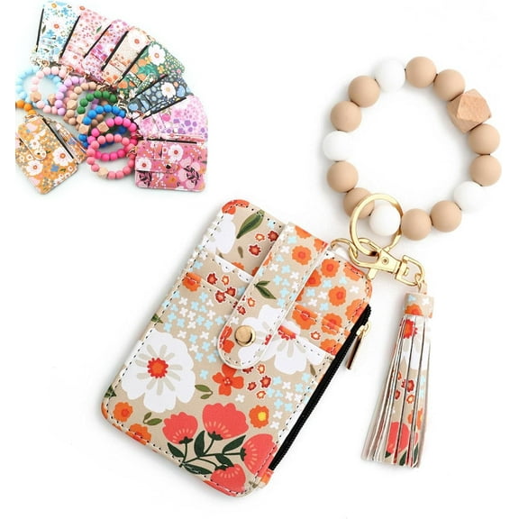 Clearance! Vggrvlo Women's Boho Beaded Wallet with Flower Pattern Women Boho Style Beaded & Tassel Decorated Keychain Credit Card Holder Purse Christmas Gifts for Te-ens (Khaki)