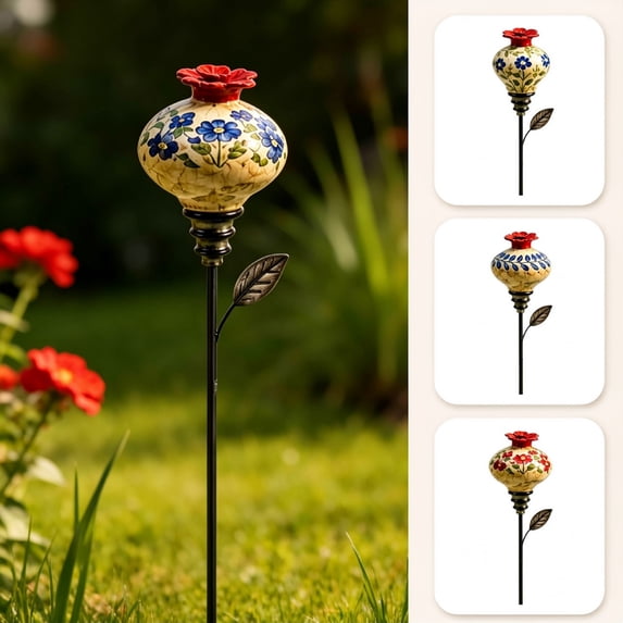 Clearance! Vintage Ceramic Hummingbird Feeder Garden Stake, Flower Nectar Decorative Floral Nectar Feeder for Hummingbirds, Decor for Backyard & Outdoor (Blue flowers)