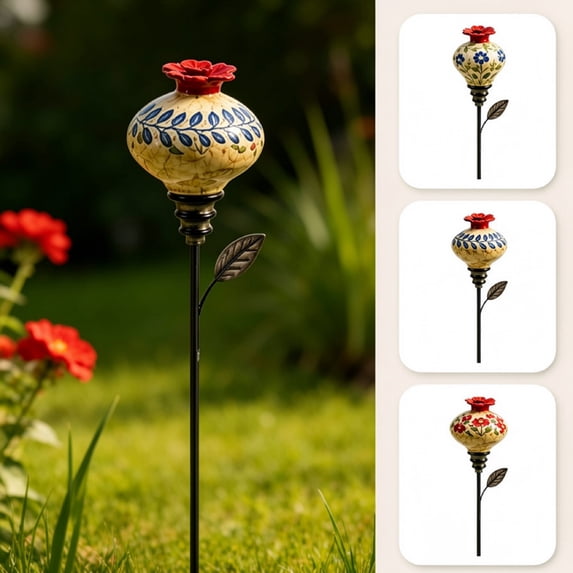 Clearance! Vintage Ceramic Hummingbird Feeder Garden Stake, Flower Nectar Decorative Floral Nectar Feeder for Hummingbirds, Decor for Backyard & Outdoor (Blue leaves)