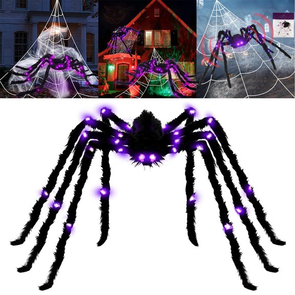 Clearance Voice-Activated Glowing Spider, Giant Long-Haired Realistic Decoration, Plush Black Toy for Spooky Atmosphere