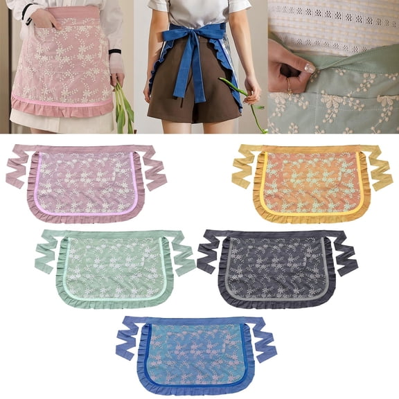 Clearance! Waist Apron Soft Oil Proof Lace Embroidered Women Server Waitress Short Half Apron with 2 Pockets for Kitchen 1*Apron