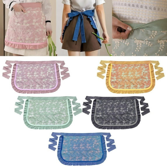 Clearance! Waist Apron Soft Oil Proof Lace Embroidered Women Server Waitress Short Half Apron with 2 Pockets for Kitchen 1*Apron