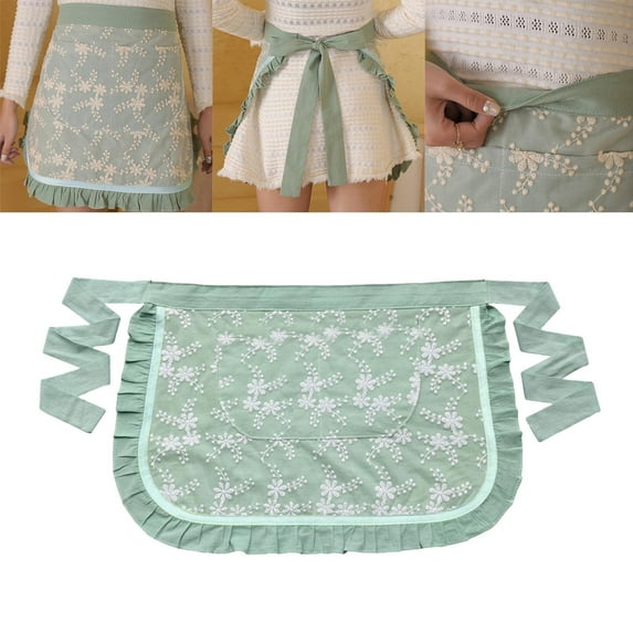 Clearance! Waist Apron Soft Oil Proof Lace Embroidered Women Server Waitress Short Half Apron with 2 Pockets for Kitchen 1*Apron