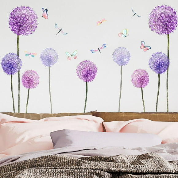 Clearance Wall stickers under $5 Dandelion Wall Decals Flying Violet Flowers Butterflies Wall Stickers Removable Peel and Stick DIY Art Vinyl Mural for Classroom Kids Bedroom Bathroom Nursery