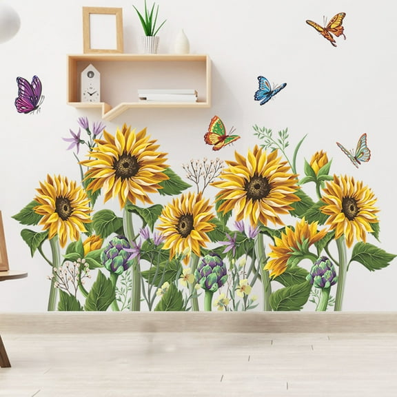 Clearance Wall stickers under $5,Sunflower Butterfly Playing Bedroom Living Room Porch Home Wall Decoration Wall Sticker