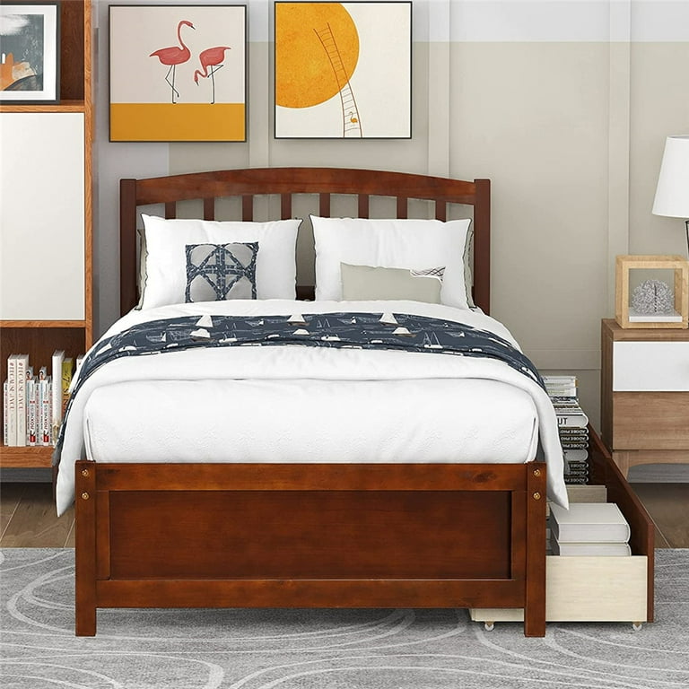Twin Bed Frame No Box Spring Needed, Walnut Twin Platform Bed Frame with Headboard and Storage Drawers, Modern Wood Twin Bed Frame Bedroom Furniture