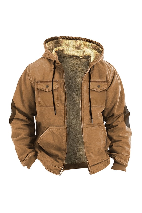 Warm Fleece Jacket Fleece Ski Coat Solid Color Combination Hooded Sweater with Brown Pocket Cotton Jacket Waterproof Softshell Coat