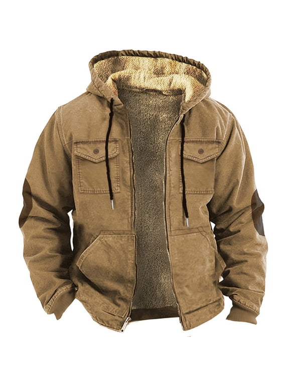 Clearance! Warm Fleece Jacket Fleece Ski Coat Solid Color Combination Hooded Sweater with Brown Pocket Cotton Jacket Waterproof Softshell Coat
