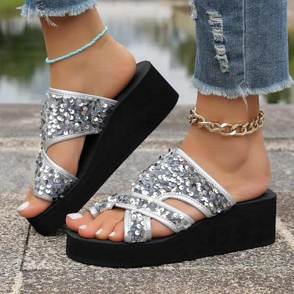 Clearance Wedge Sandals for Women, Xunlbb Fashion Women Casual Round Head Comfy Slippers Beach Casual Slipsole Shoes(Silver,Size:38)