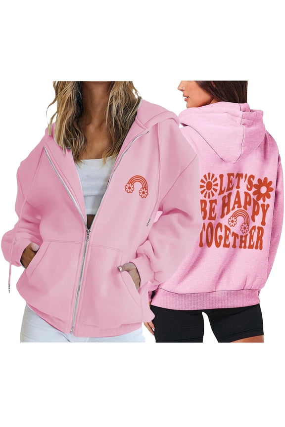 Hoodies for Women Women'S Fashion Casual Letter Floral Print Hooded Sweatshirt with Drawstring Zipper Fall Tops for Women 2024 Tops for Women Trendy Pink S