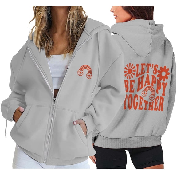 Weikingp Hoodies for Women Women'S Fashion Casual Letter Floral Print Hooded Sweatshirt with Drawstring Zipper Fall Tops for Women 2024 Tops for Women Trendy Grey L