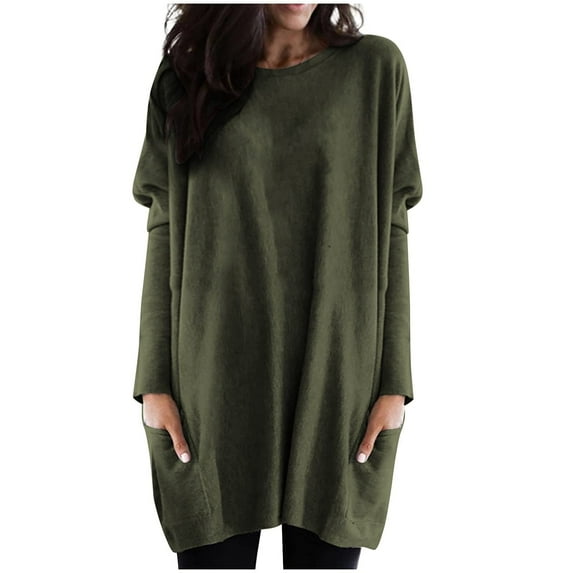 Clearance! Weikingp Tshirts Shirts for Women Women'S Round Neck Long Sleeve Tops Plus Size Shirts Lightweight Sweatshirts Loose Casual Tunic with Pockets Blouses Tops for Women Trendy Green 2Xl