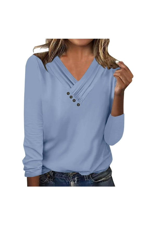Womens Tops Casual V Neck Long Sleeve T Shirt Pleated Printed Button Top Casual Tops for Women Button Down Shirts for Women Light Blue S